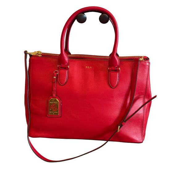 Lauren Ralph Lauren Red Newbury Double Zip Satchel Handbag Purse - Picture 2 of 15